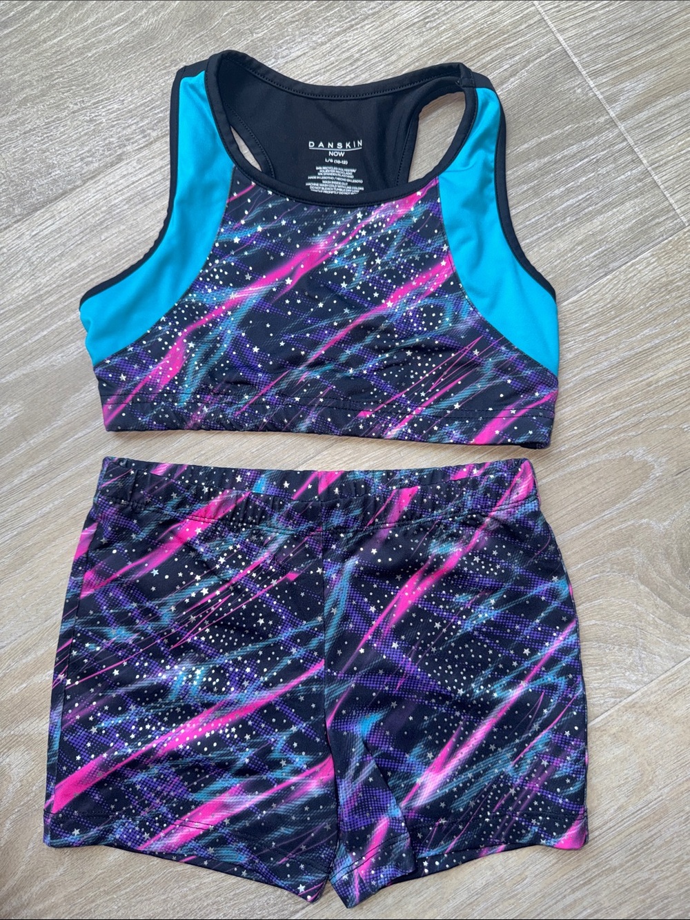 Danskin Girls' Black Crop Top & Shorts Set with Pink and Teal Galaxy Print